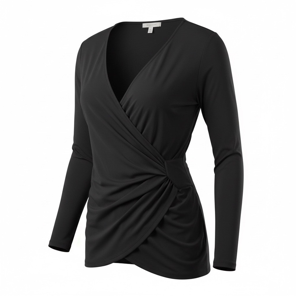 ecru Black Ruched Wrap Top Medium Stretch V-Neck Flattering Dark Academia Office
